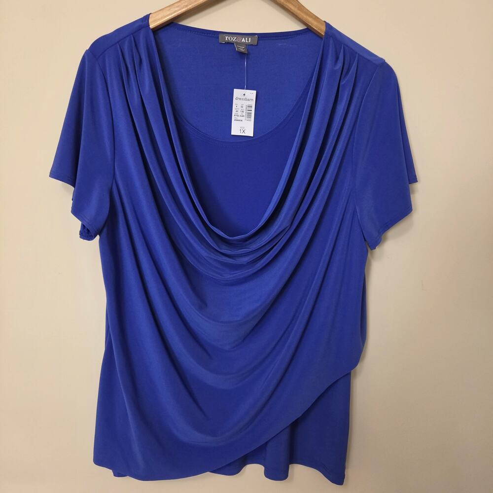 NWT Rox & Ali 1X Draped Cowl Neck Short Cap Sleeve Gathered Front Overlay Blue
